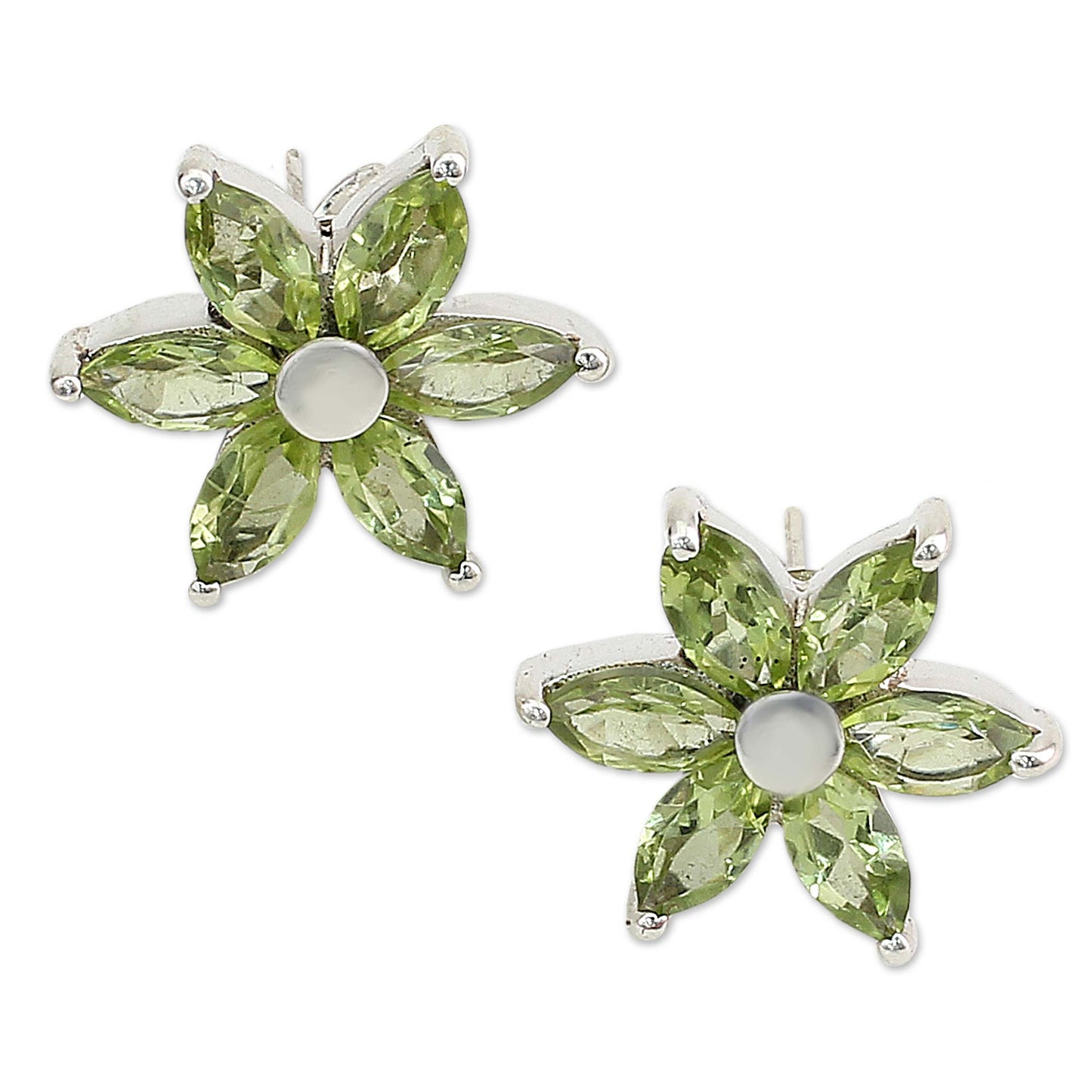 Summer Blossom Women's Floral Sterling Silver Button Peridot Earrings