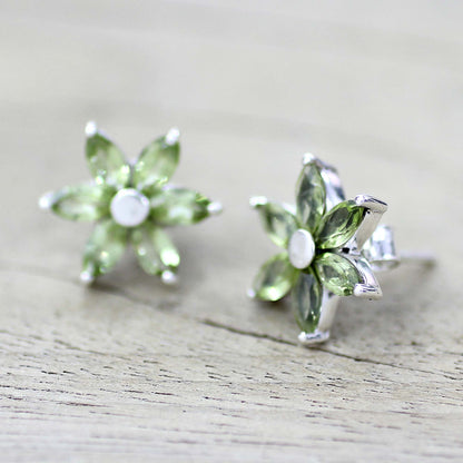 Summer Blossom Women's Floral Sterling Silver Button Peridot Earrings