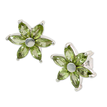 Summer Blossom Women's Floral Sterling Silver Button Peridot Earrings