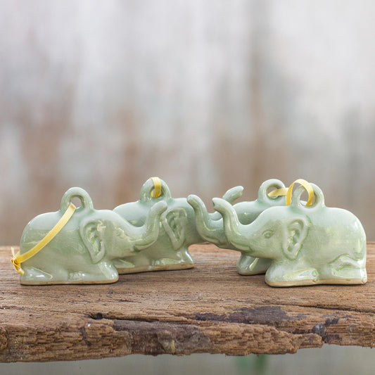 Green Holiday Elephants Fair Trade Celadon Ceramic Christmas Ornaments (Set of 4)