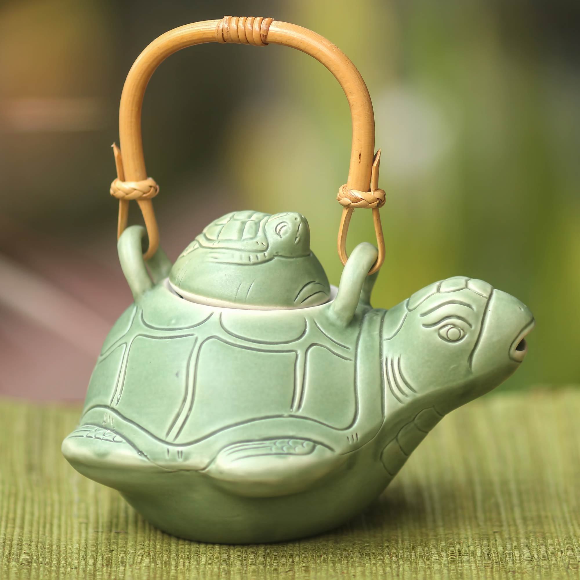 NOVICA Sea Turtle Mother and Child Green Ceramic Teapot | GreaterGood