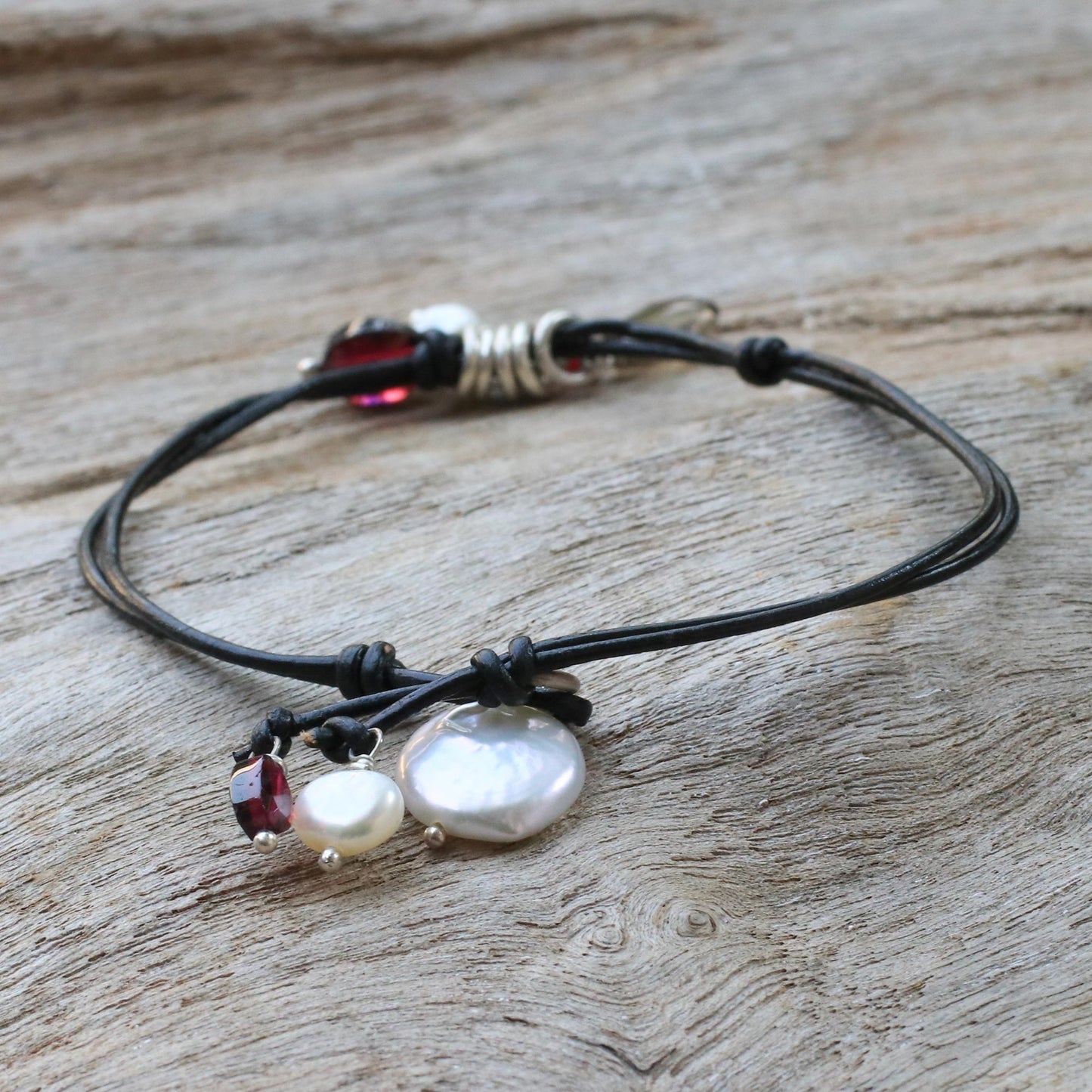 Cool Thai Leather and pearl pendant bracelet