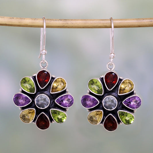 Summer Blossoms Multi-Gem Garnet Drop Earrings