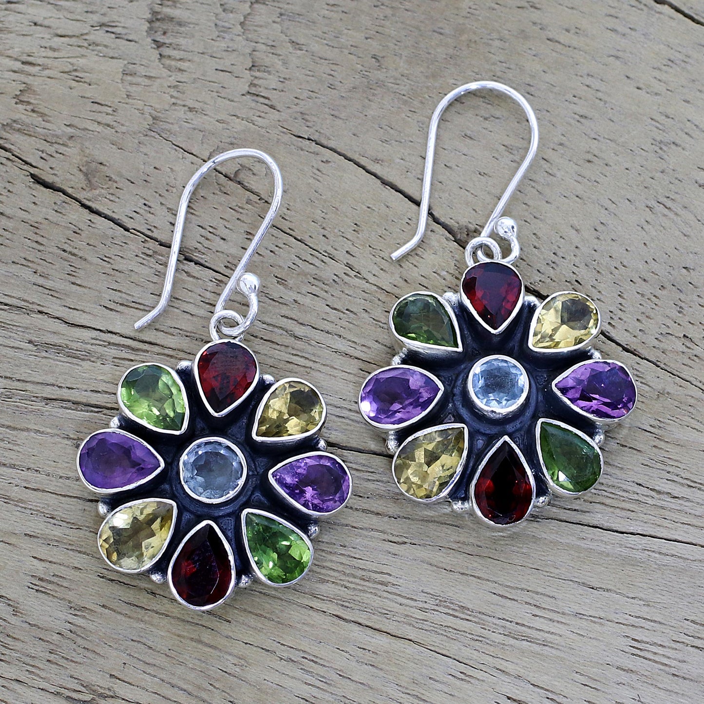 Summer Blossoms Multi-Gem Garnet Drop Earrings