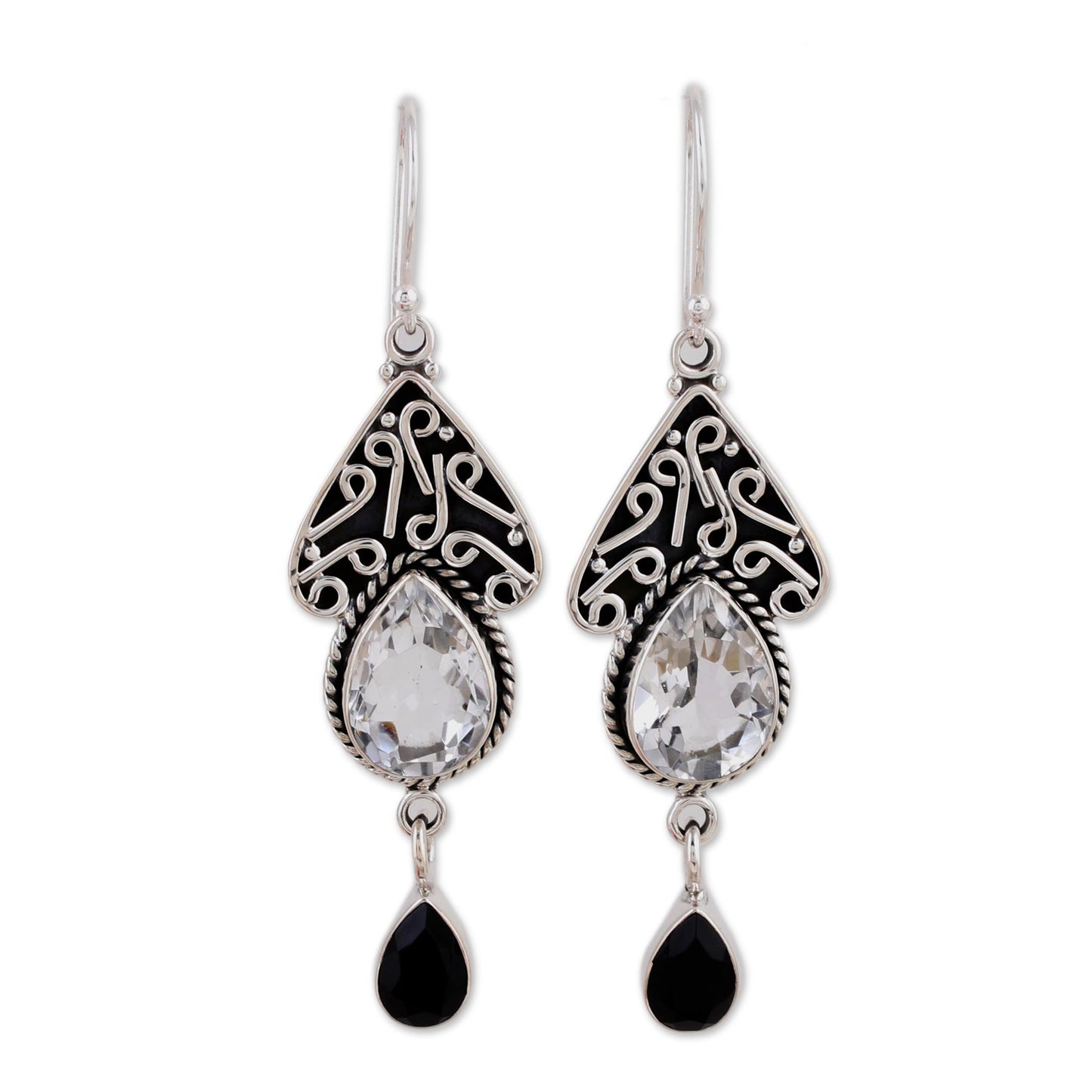 Queen of Jaipur Quartz and Onyx Silver Dangle Earrings