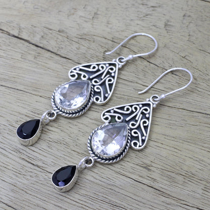 Queen of Jaipur Quartz and Onyx Silver Dangle Earrings