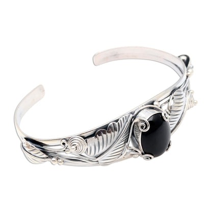 Black Lily Floral Onyx Sterling Silver Cuff Bracelet