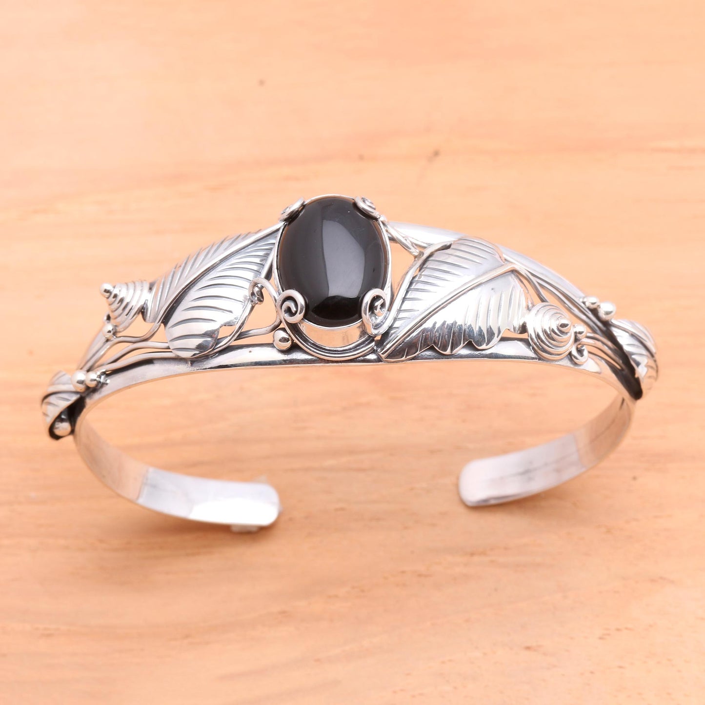 Black Lily Floral Onyx Sterling Silver Cuff Bracelet