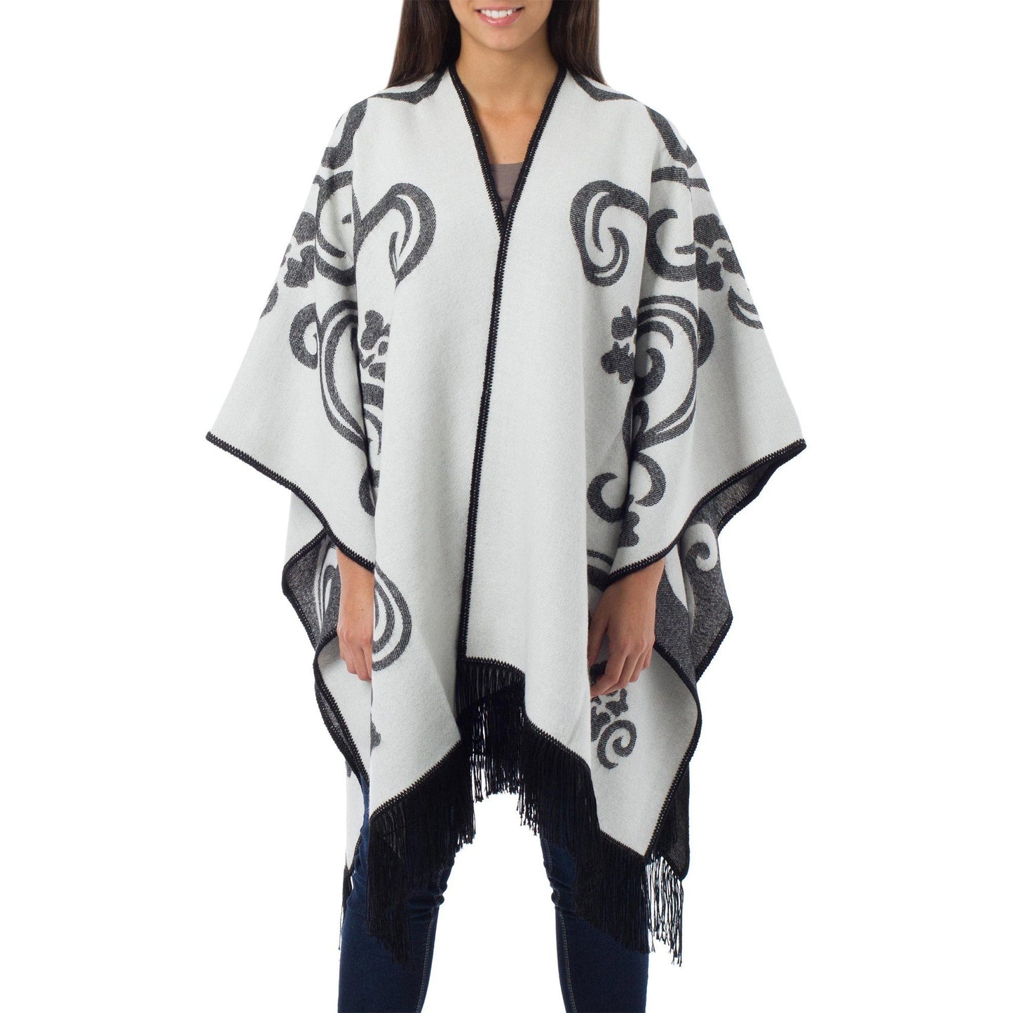 NOVICA - Reversible White & Grey Alpaca Ruana Poncho