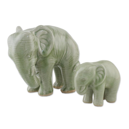 NOVICA - Mom & Baby Elephant Celadon Ceramic Statuettes