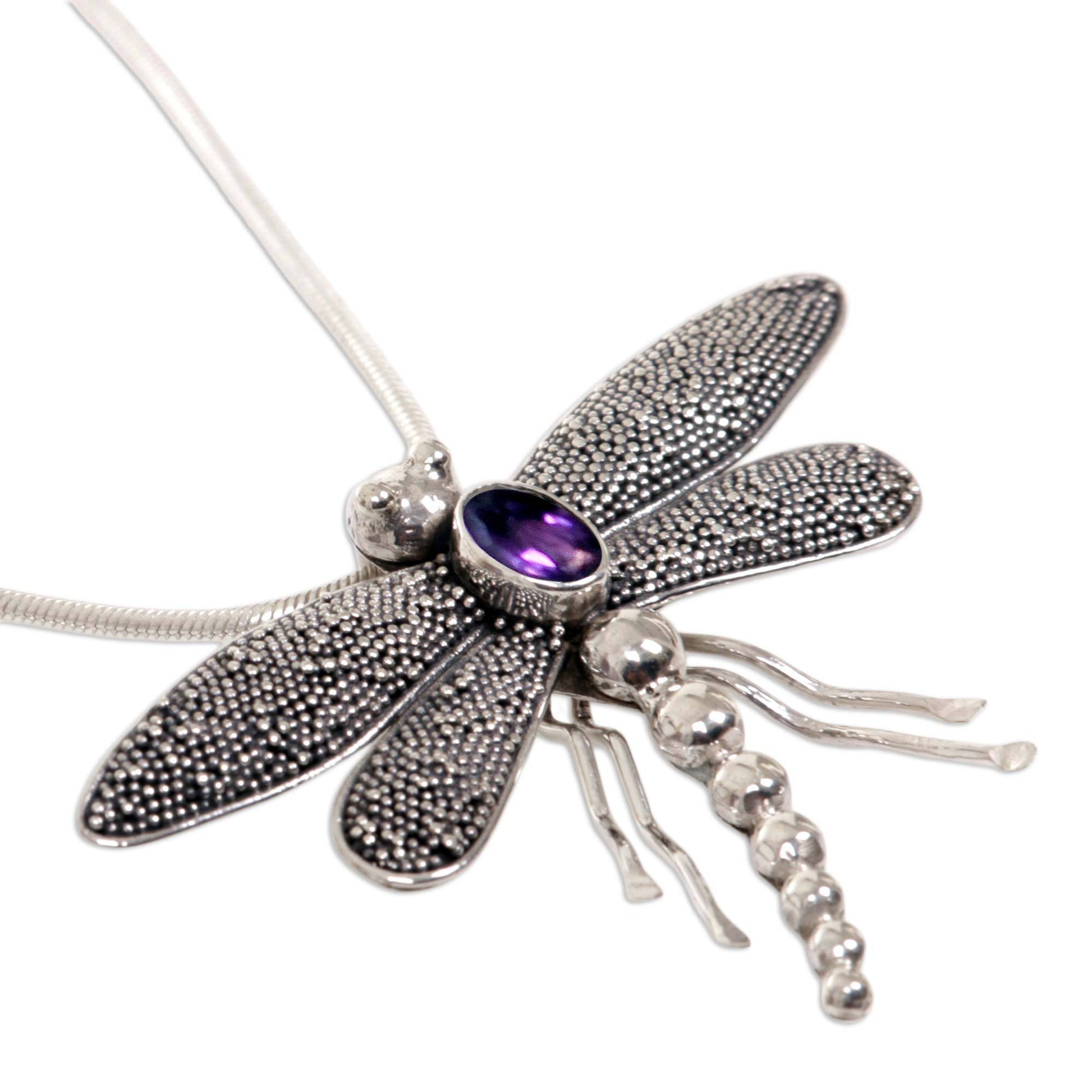 NOVICA - Dragonfly Amethyst & Sterling Silver Pendant Necklace