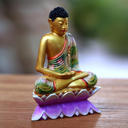 Buddha On A Lotus Metallic Wood Sculpture