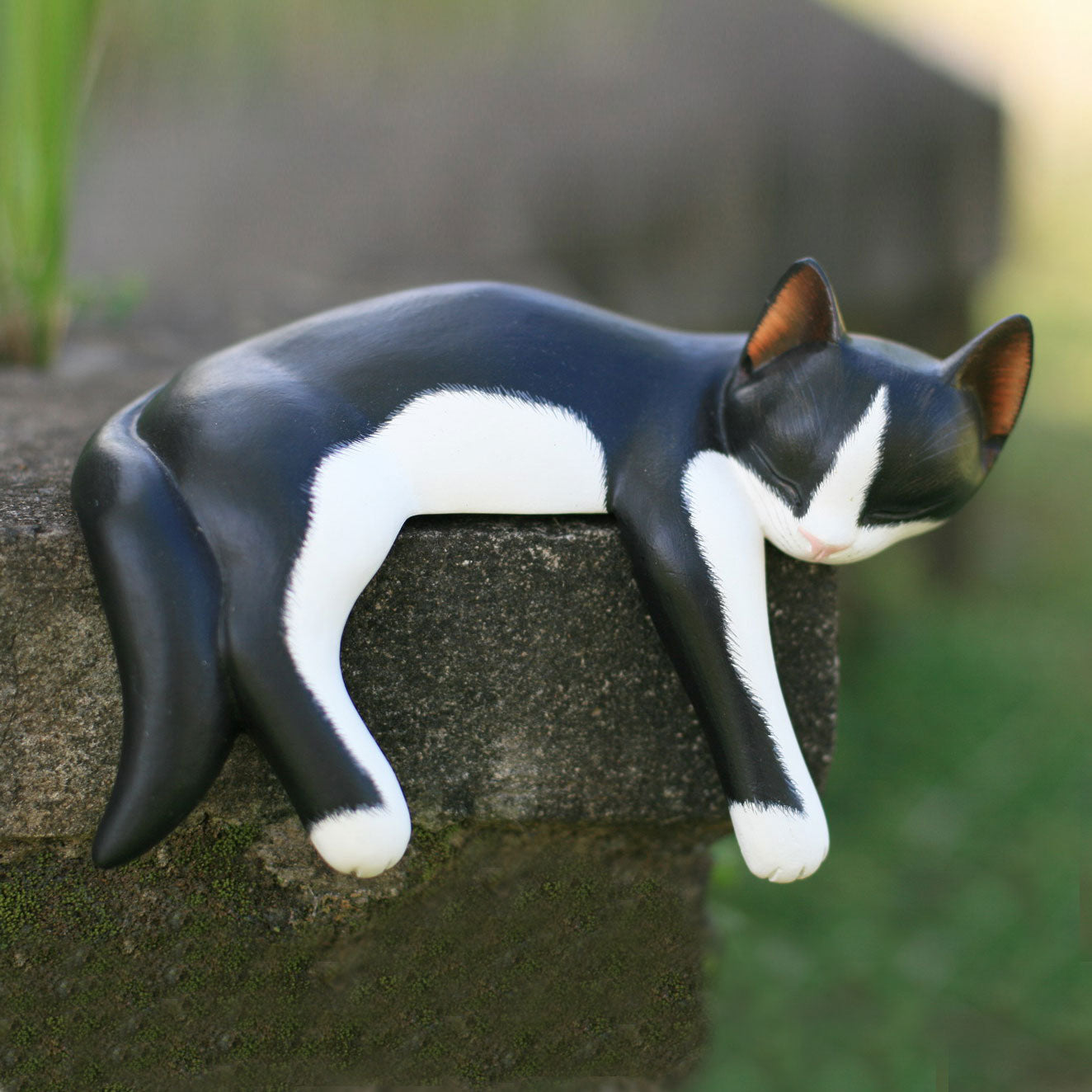 Snoozing Tuxedo Cat Albesia Wood Sculpture