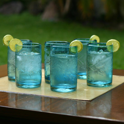 Aquamarine Flowers Recycled Glass Tumbler Etched Glasses