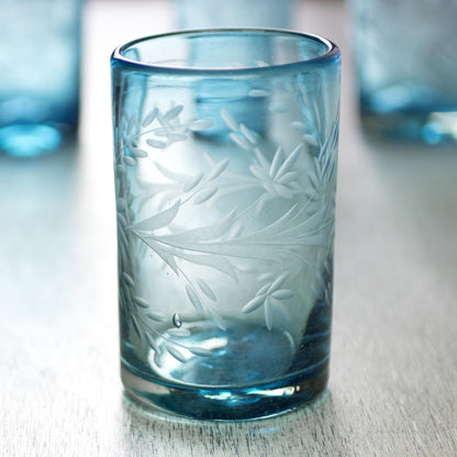 Aquamarine Flowers Recycled Glass Tumbler Etched Glasses