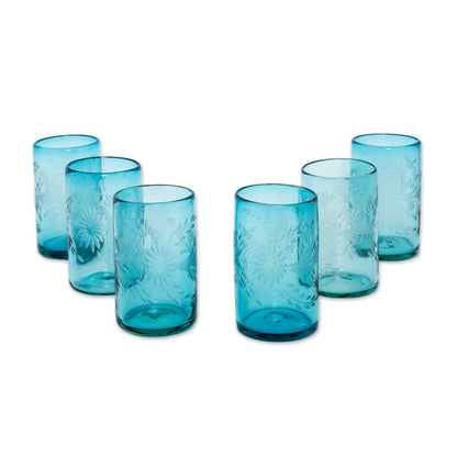 Aquamarine Flowers Recycled Glass Tumbler Etched Glasses