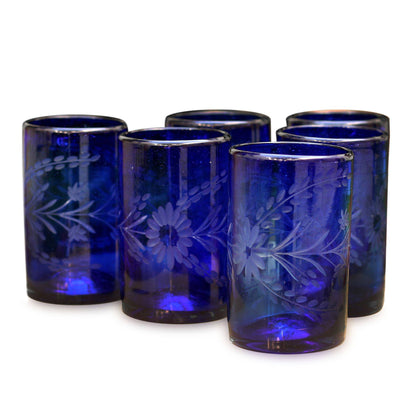 Blue Blossoms Hand-Blown Etched Drinking Glass - Set of 6