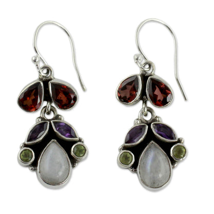 Garnet & Rainbow Moonstone Chandelier Earrings