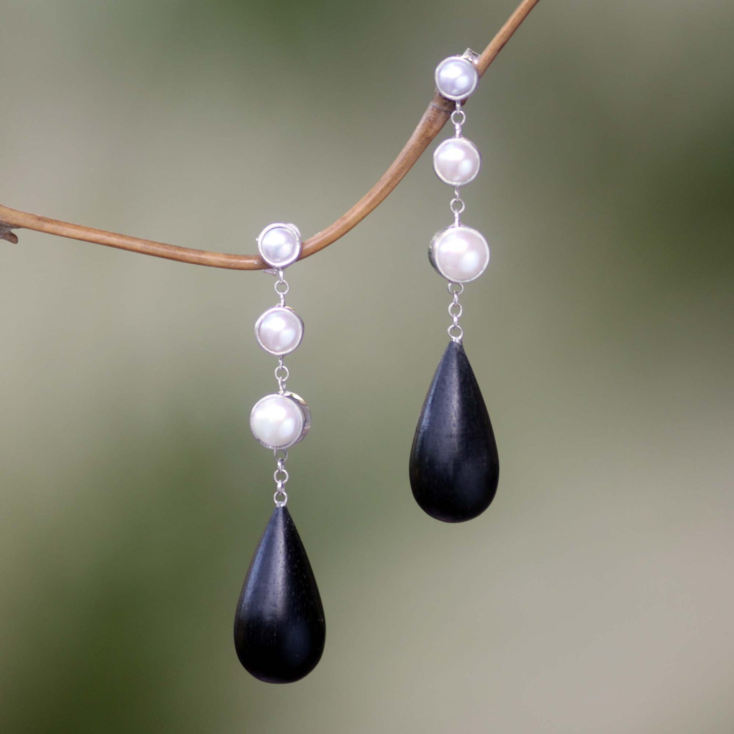 Night Tear Pearl Silver & Wood Dangle Earrings