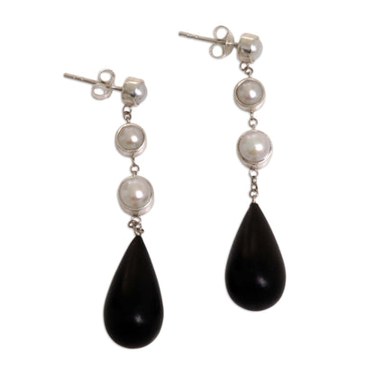 Night Tear Pearl Silver & Wood Dangle Earrings