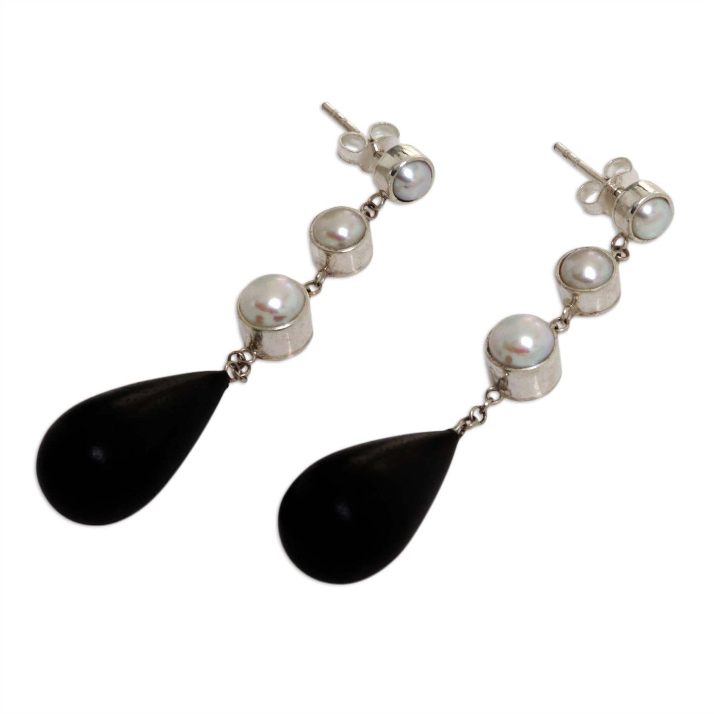 Night Tear Pearl Silver & Wood Dangle Earrings