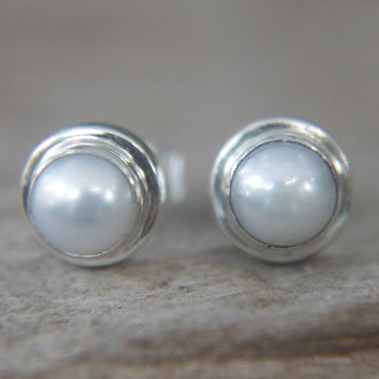 White Moon Pearl Silver Bridal Stud Earrings