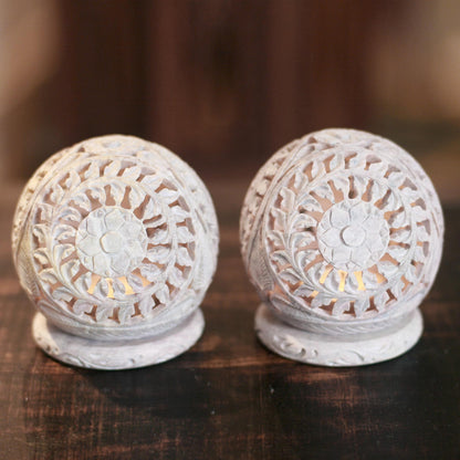 World is a Flower Hand Carved Jali Soapstone Candle Holders (Pair)