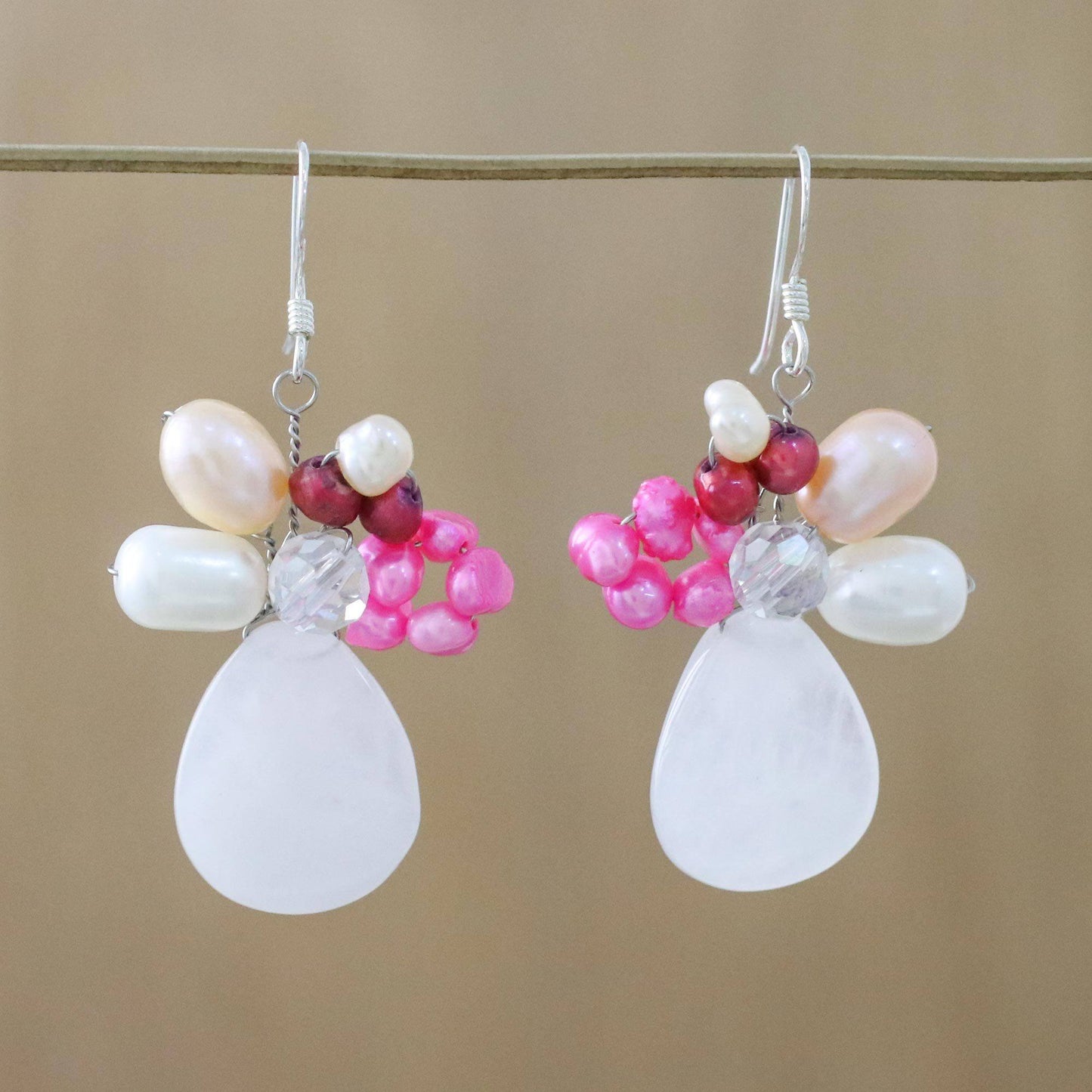 NOVICA - Rose Quartz & Pearl Beaded Earrings