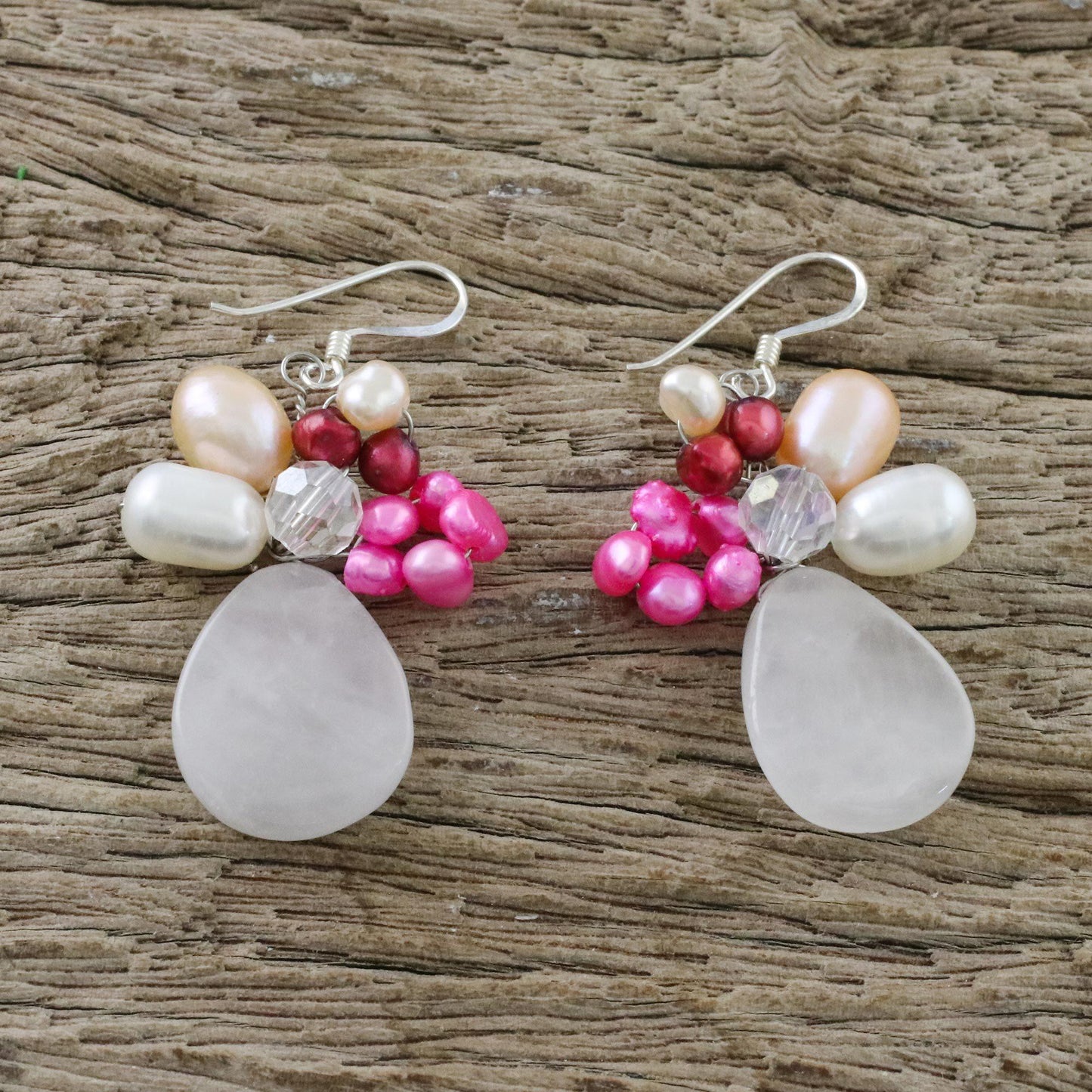 NOVICA - Rose Quartz & Pearl Beaded Earrings