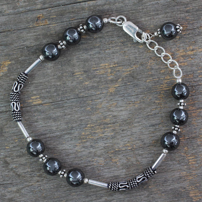 India Mystique Artisan Crafted Sterling Silver Beaded Hematite Bracelet