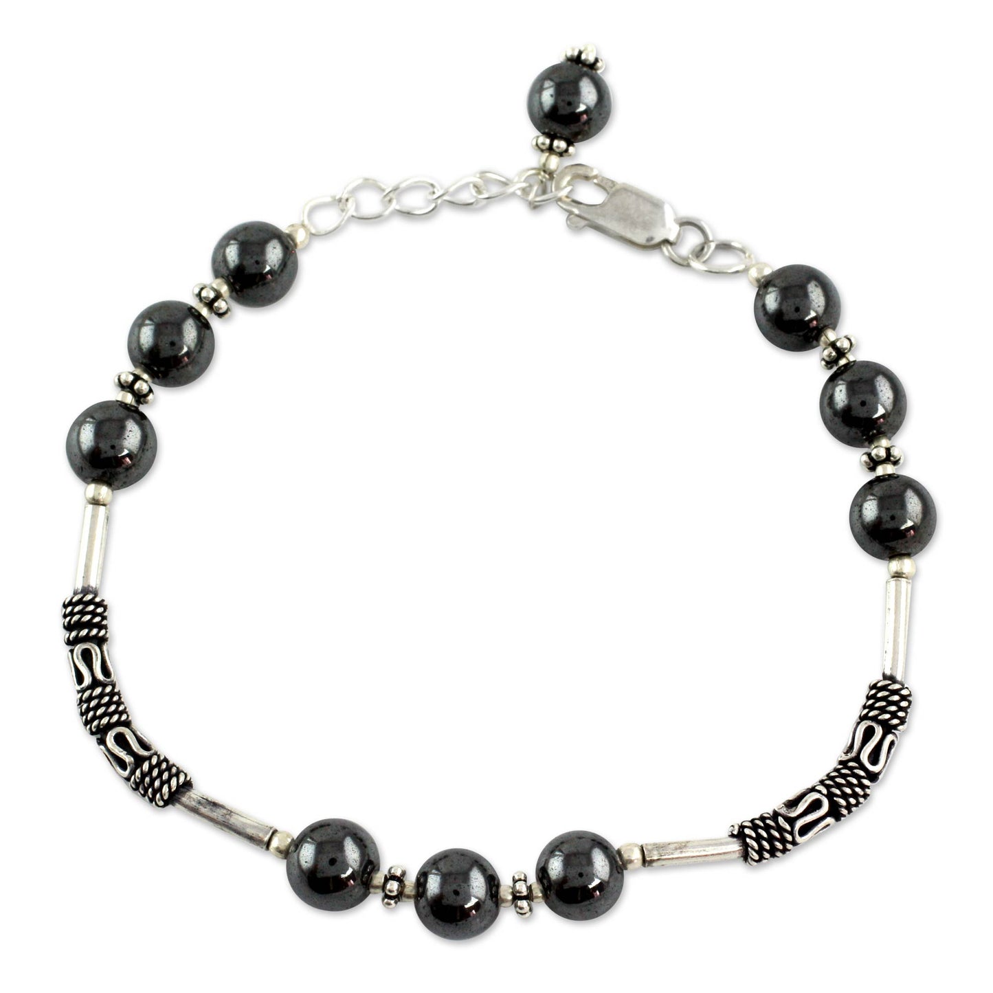 India Mystique Artisan Crafted Sterling Silver Beaded Hematite Bracelet