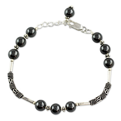 India Mystique Artisan Crafted Sterling Silver Beaded Hematite Bracelet