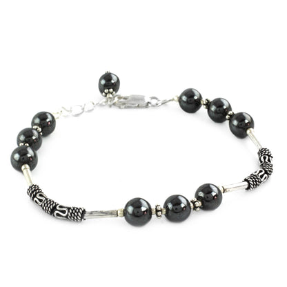 India Mystique Artisan Crafted Sterling Silver Beaded Hematite Bracelet