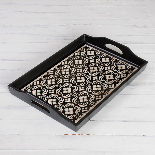 Floral Muse Handmade Black Reverse Painted Glass Serving Tray