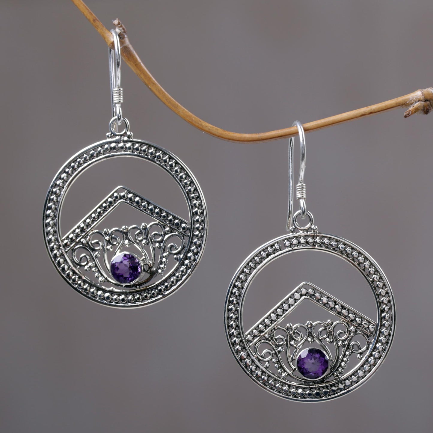 Balinese Moon Amethyst dangle earrings