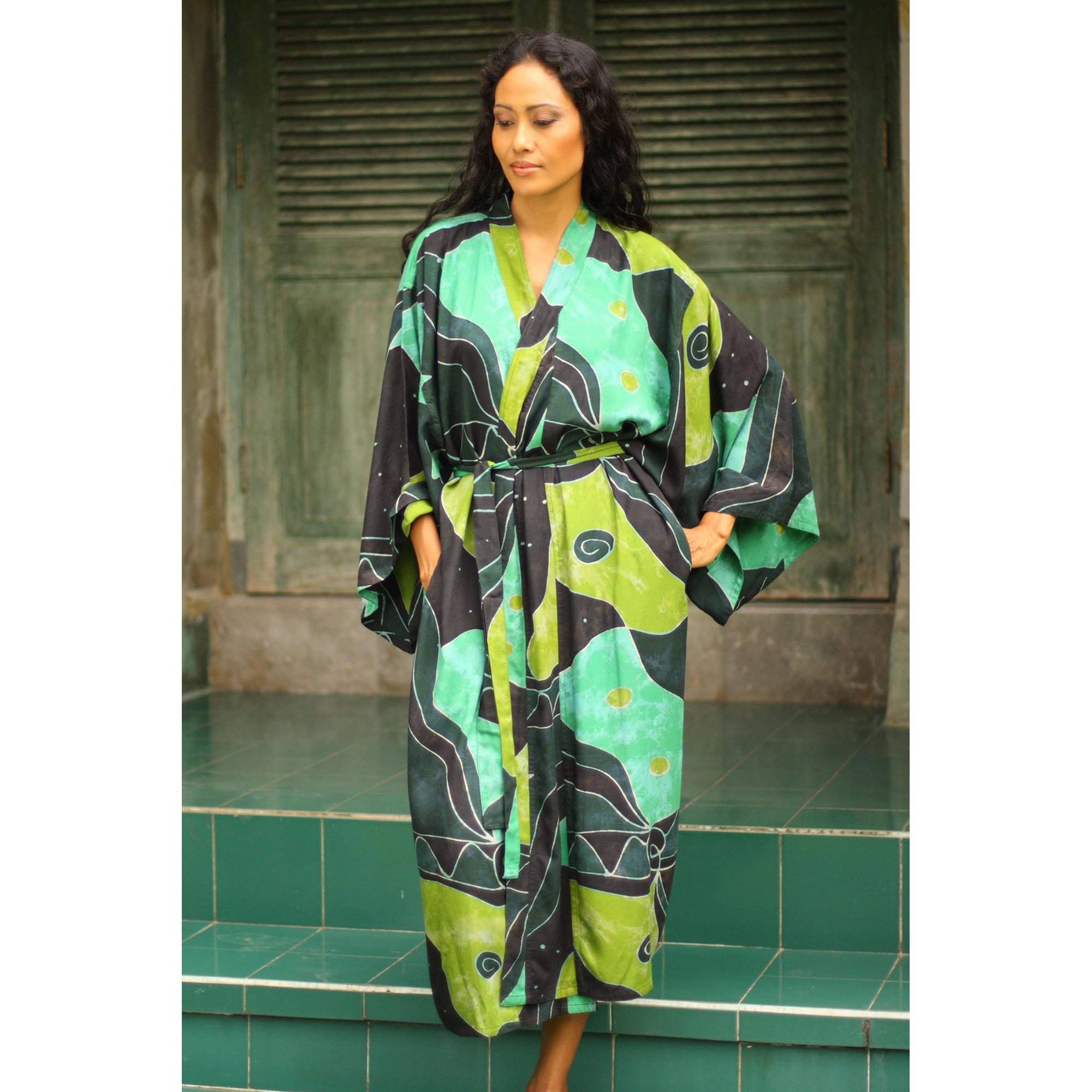 NOVICA Green & Black Batik Robe | GreaterGood