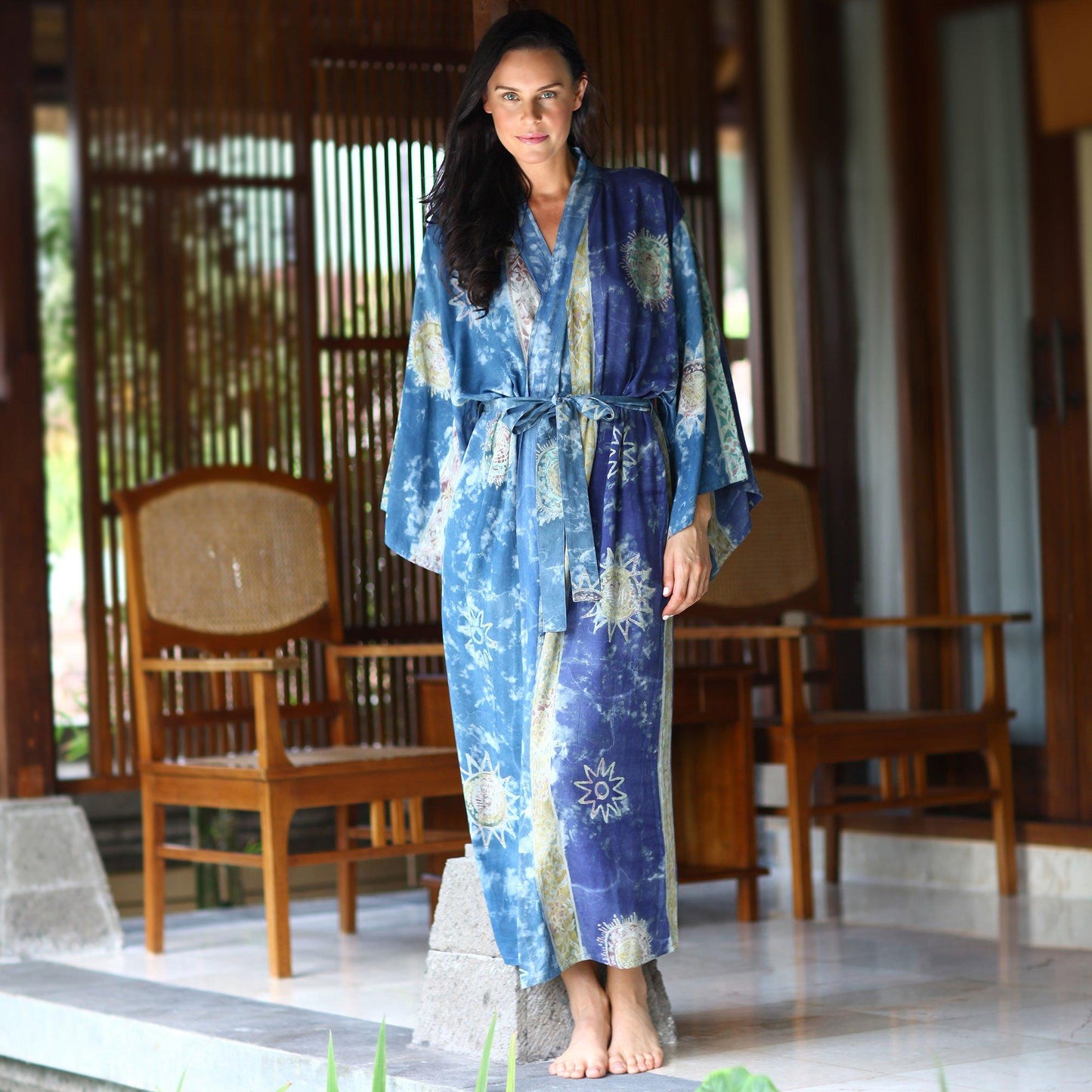 NOVICA - Handpainted Blue Batik Long Robe