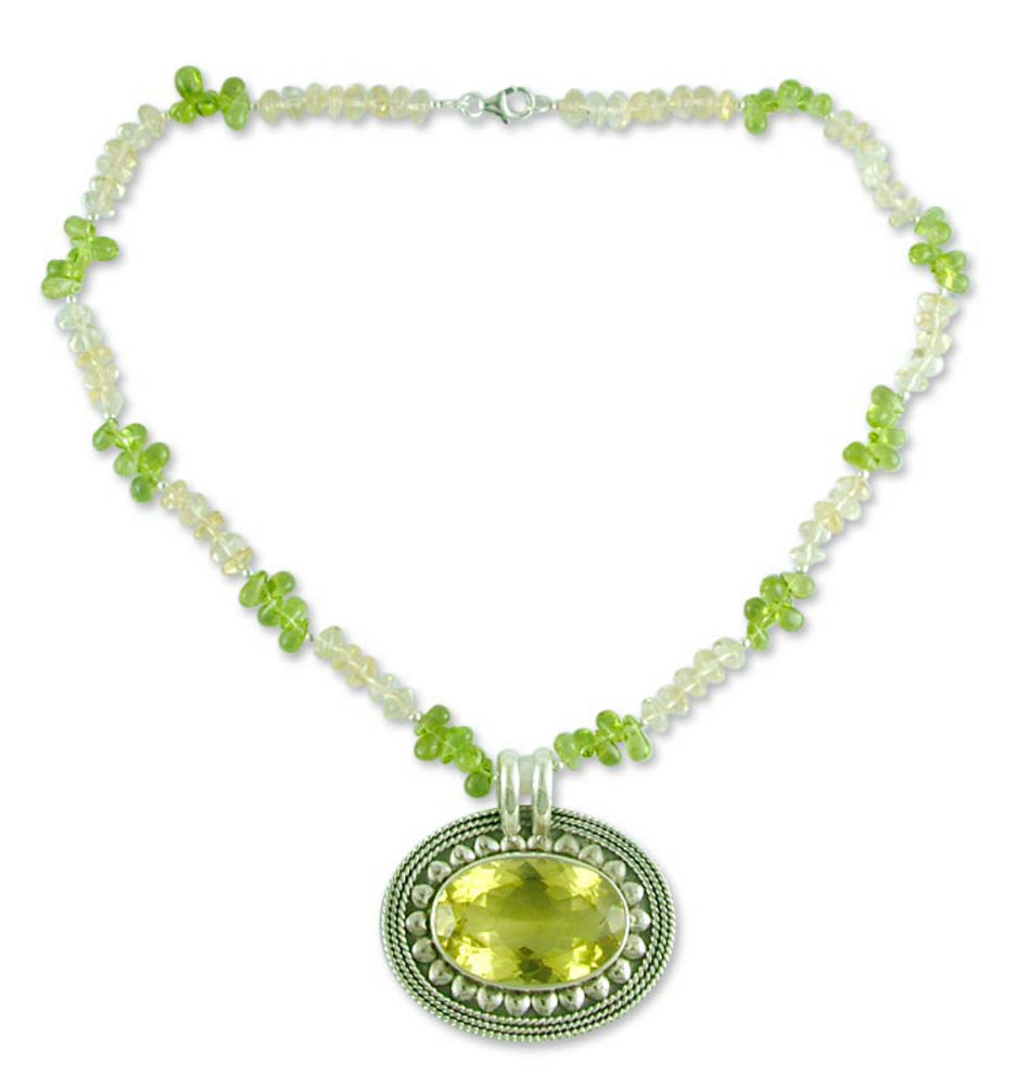 Stunning Sunflower Peridot and Citrine Silver Pendant Necklace