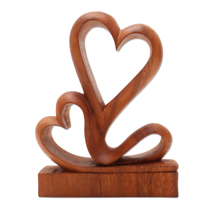 Two Hearts Carved Wood Romantic Sculpture