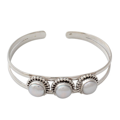 Moonlight Trio Hand Made Indian Sterling Silver Cuff Pearl Bracelet