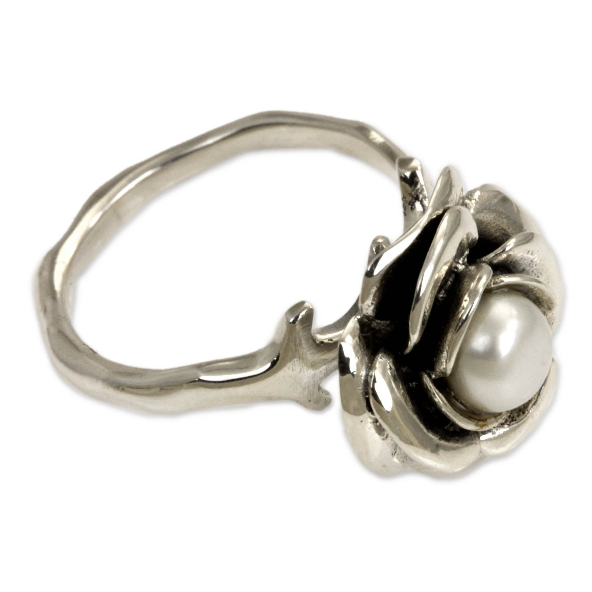 NOVICA Handcrafted Pearl & Sterling Silver Rose Ring | GreaterGood