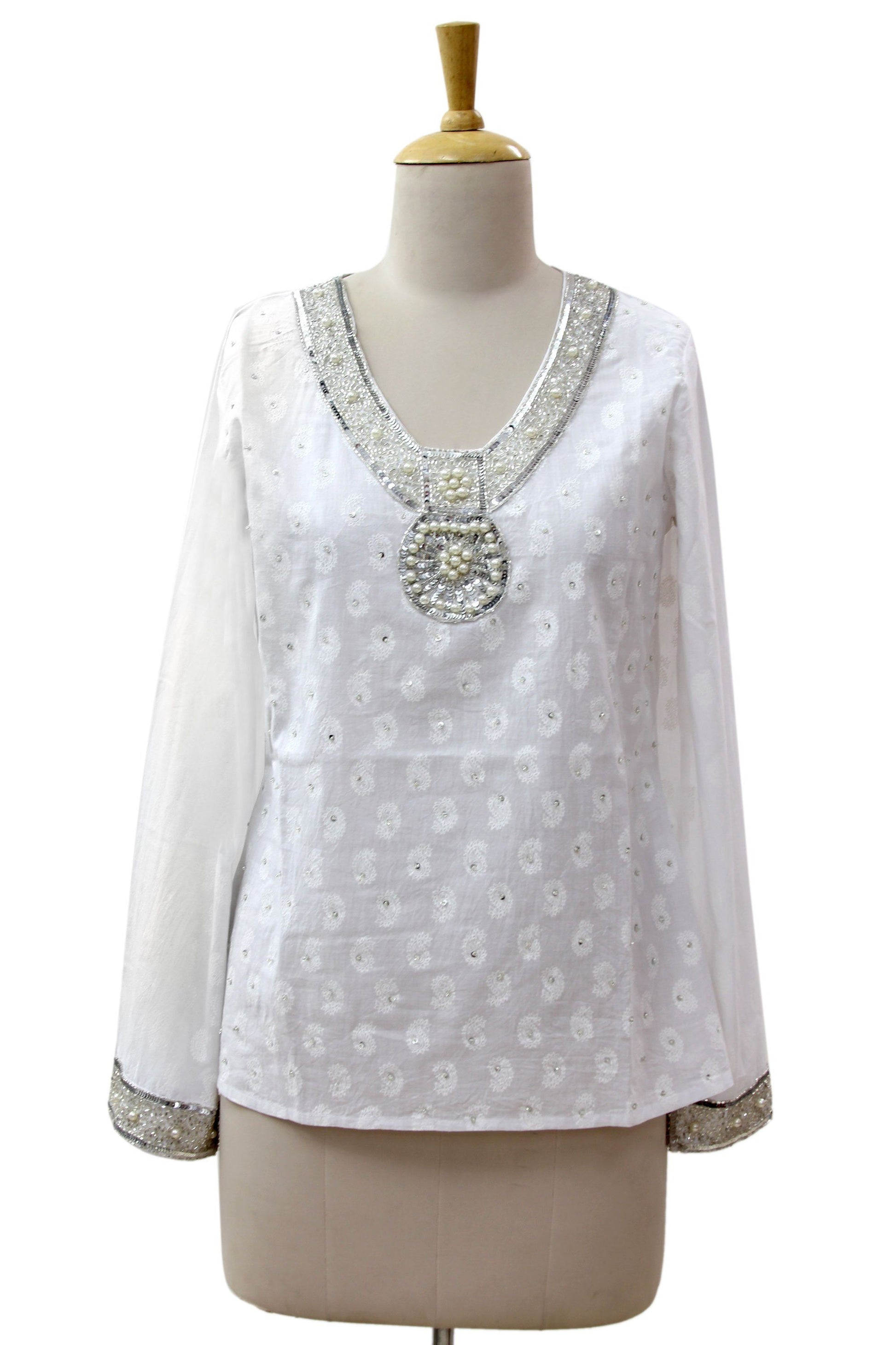 NOVICA - Dazzling White Cotton Beaded Blouse