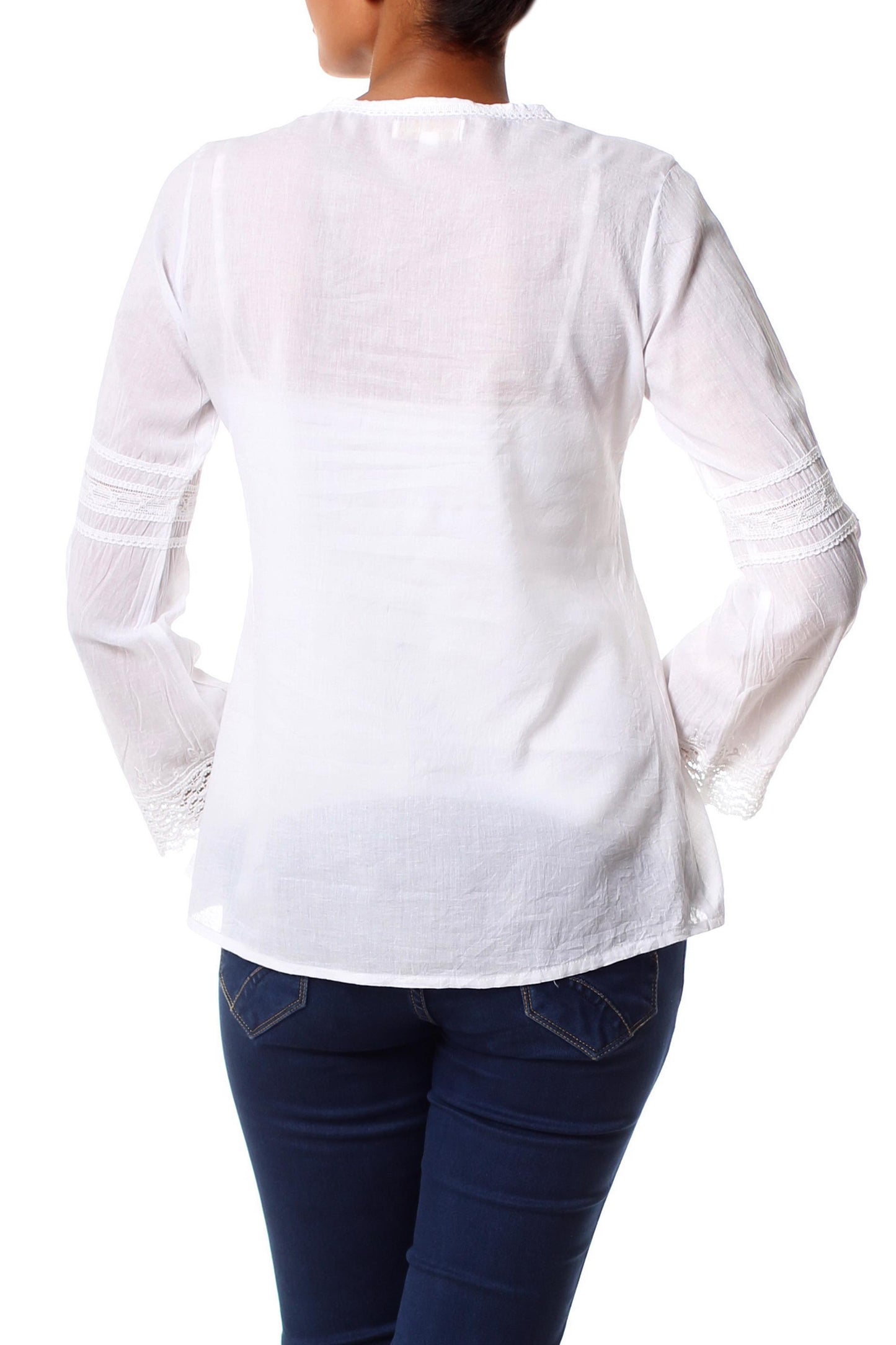 Floral Clouds White Cotton Blouse Top Long Sleeve