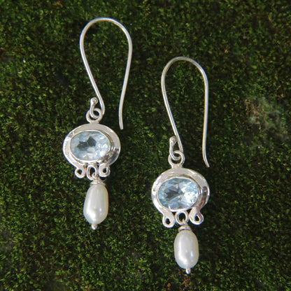 Blue Topaz & Pearl Drop Earrings