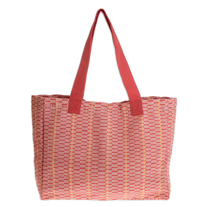 Salmon Honeycomb Cotton Patterned Tote Handbag from Central America