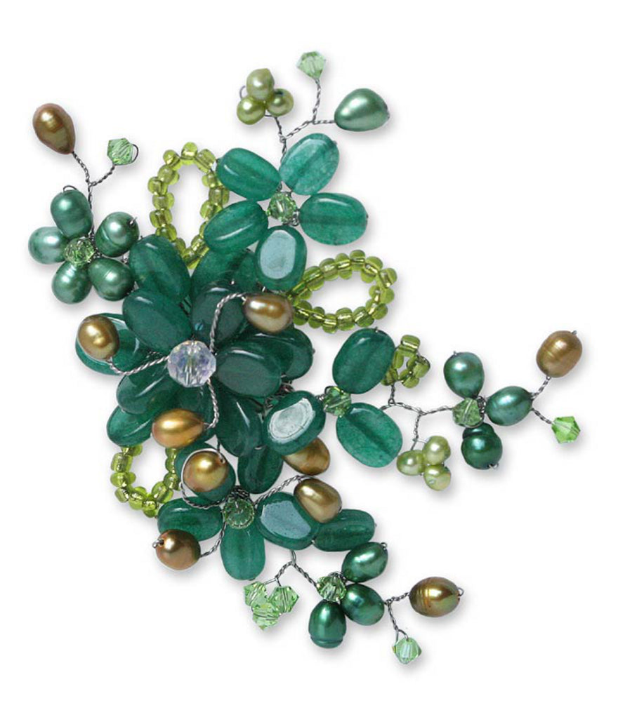 Floral Mint Freshwater Pearl & Quartz Brooch