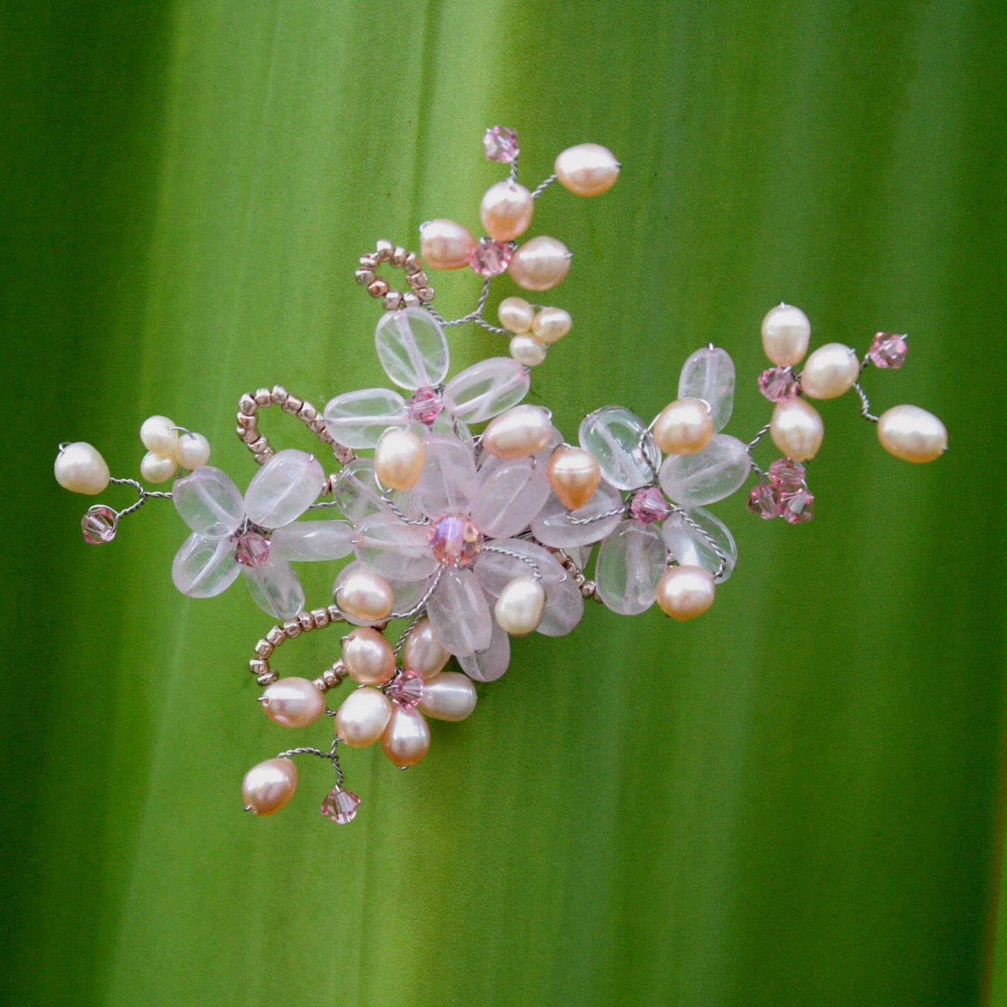 Honey Peach Freshwater Pearl & Quartz Brooch