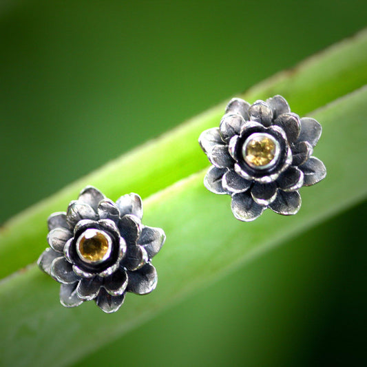 Golden-Eyed Lotus Sterling Button Earrings