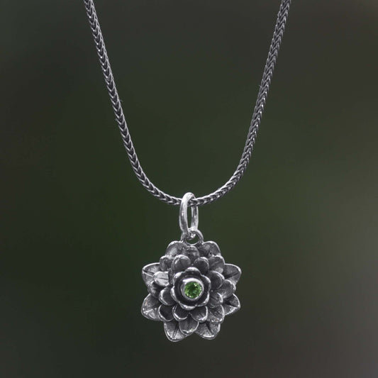 Sacred Green Lotus Floral Sterling Silver and Peridot Pendant Necklace