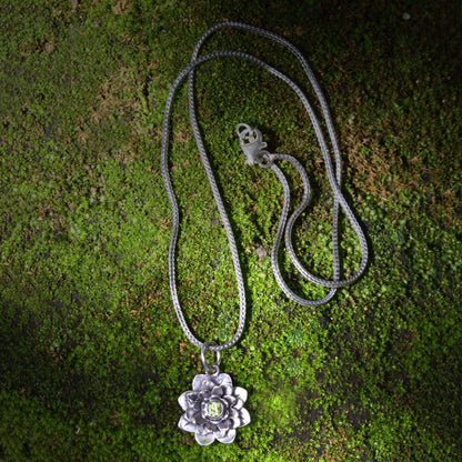 Sacred Green Lotus Floral Sterling Silver and Peridot Pendant Necklace